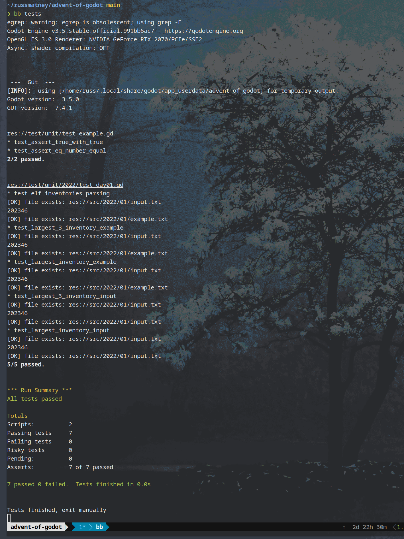 screenshot of `bb tests` output